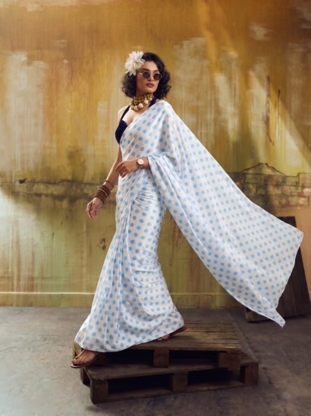 Iconic White And Blue Dot Lightweight Satin Saree for Daily and Festive Wear Bollywood Fancy Sarees Wholesale