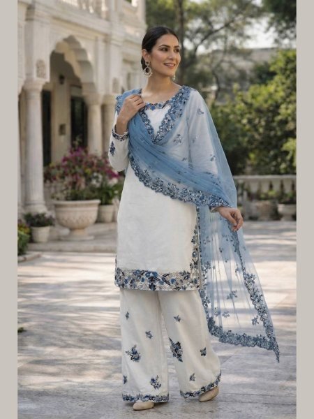 Iconic White Heavy Rayon Cotton Palazzo Suit Set for Women Festive Wear Ready To Wear Suit