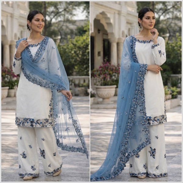 Iconic White Heavy Rayon Cotton Palazzo Suit Set for Women Festive Wear Ready To Wear Collection