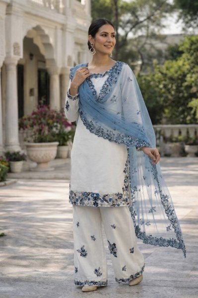 Iconic White Heavy Rayon Cotton Palazzo Suit Set for Women Festive Wear Ready To Wear Collection