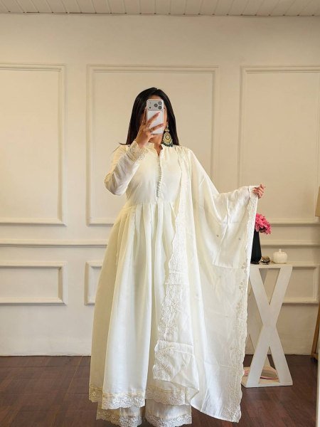 Iconic White Heavy Roman Silk Gown with Designer Embroidered Dupatta Heavy Embroidery Work Ready To Wear Suit