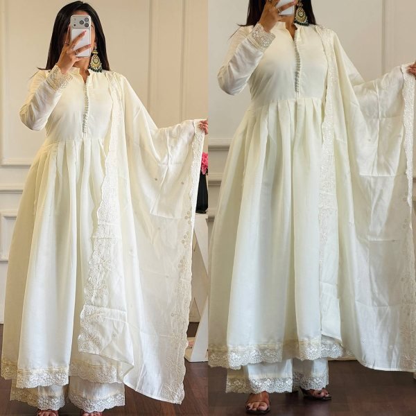 Iconic White Heavy Roman Silk Gown with Designer Embroidered Dupatta Heavy Embroidery Work Ready To Wear Collection
