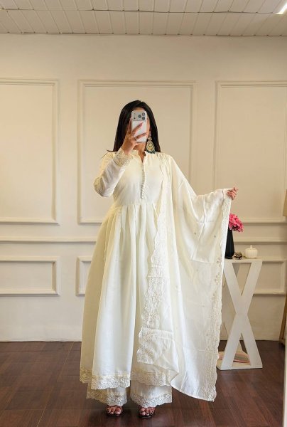 Iconic White Heavy Roman Silk Gown with Designer Embroidered Dupatta Heavy Embroidery Work Ready To Wear Collection