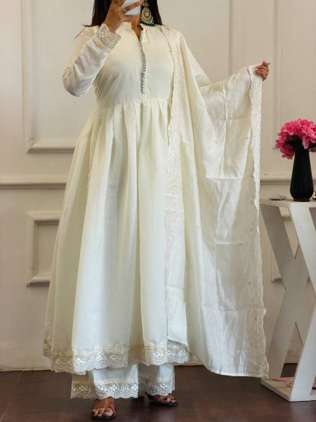 Iconic White Heavy Roman Silk Gown with Designer Embroidered Dupatta Heavy Embroidery Work Ready To Wear Collection