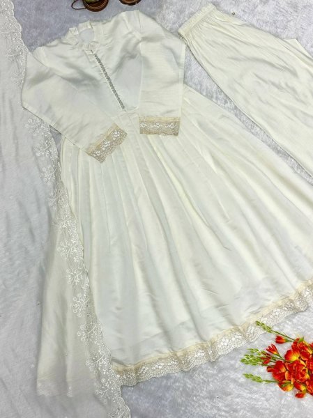 Iconic White Heavy Roman Silk Gown with Designer Embroidered Dupatta Heavy Embroidery Work Ready To Wear Collection