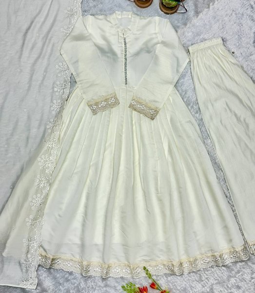 Iconic White Heavy Roman Silk Gown with Designer Embroidered Dupatta Heavy Embroidery Work Ready To Wear Collection