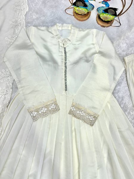 Iconic White Heavy Roman Silk Gown with Designer Embroidered Dupatta Heavy Embroidery Work Ready To Wear Collection