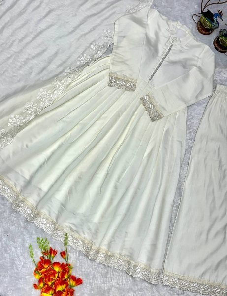 Iconic White Heavy Roman Silk Gown with Designer Embroidered Dupatta Heavy Embroidery Work Ready To Wear Collection