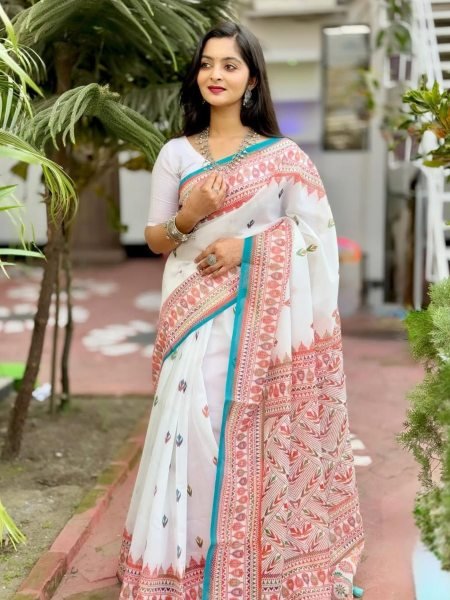 Iconic White Original Plain Linen Saree with Digital Print and Matching Digital Blouse Sarees 