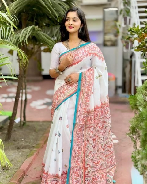 Iconic White Original Plain Linen Saree with Digital Print and Matching Digital Blouse Printed Cotton Sarees Wholesale