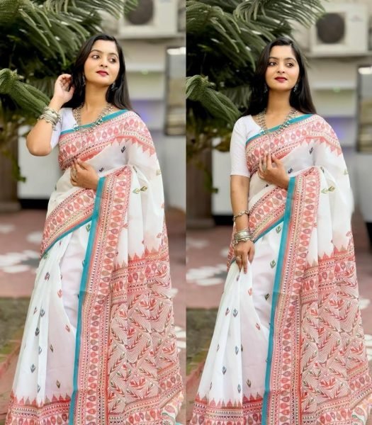 Iconic White Original Plain Linen Saree with Digital Print and Matching Digital Blouse Printed Cotton Sarees Wholesale