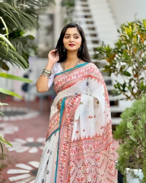 Iconic White Original Plain Linen Saree with Digital Print and Matching Digital Blouse Printed Cotton Sarees Wholesale