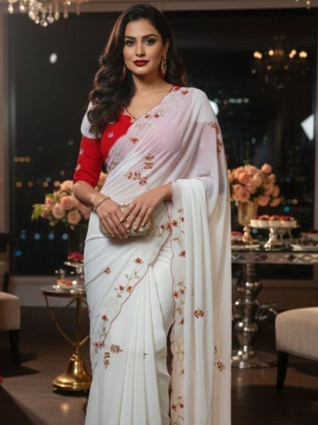 Iconic White Red Georgette Saree with Cutdana Handwork Blouse for Wedding Sarees 