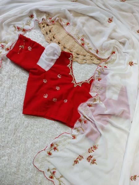 Iconic White Red Georgette Saree with Cutdana Handwork Blouse for Wedding Georgette Sarees Wholesale