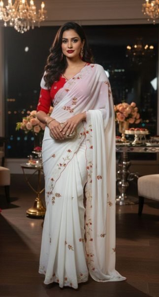 Iconic White Red Georgette Saree with Cutdana Handwork Blouse for Wedding Georgette Sarees Wholesale