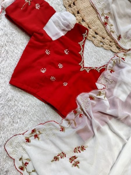 Iconic White Red Georgette Saree with Cutdana Handwork Blouse for Wedding Georgette Sarees Wholesale