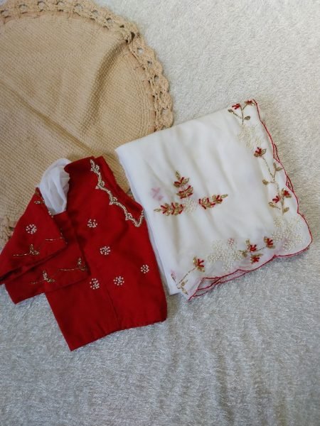 Iconic White Red Georgette Saree with Cutdana Handwork Blouse for Wedding Georgette Sarees Wholesale