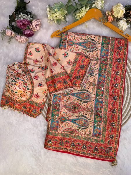 Iconic White Soft Chinnon Saree with Handcrafted Mirror and Zari Work for Wedding Printed Cotton Sarees Wholesale