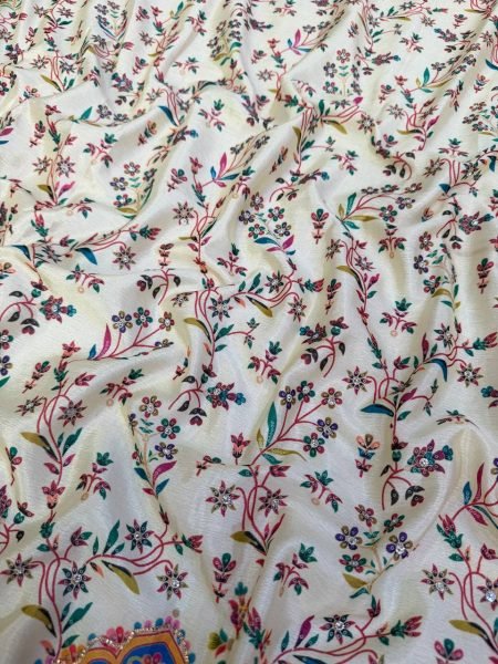 Iconic White Soft Chinnon Saree with Handcrafted Mirror and Zari Work for Wedding Printed Cotton Sarees Wholesale