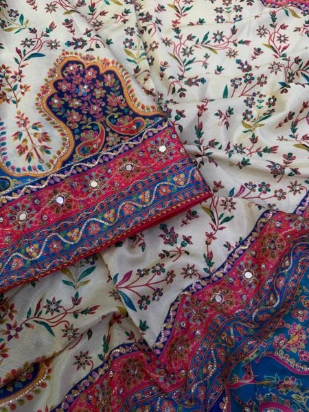Iconic White Soft Chinnon Saree with Handcrafted Mirror and Zari Work for Wedding Printed Cotton Sarees Wholesale