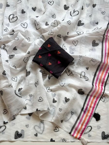 Iconic White Soft Linen Saree with Heart Print and Fancy Latkan for Festive Wear Sarees 