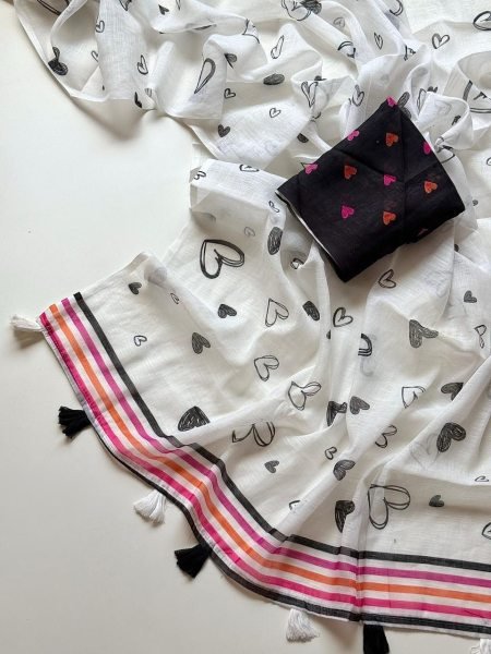 Iconic White Soft Linen Saree with Heart Print and Fancy Latkan for Festive Wear Printed Cotton Sarees Wholesale