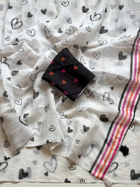 Iconic White Soft Linen Saree with Heart Print and Fancy Latkan for Festive Wear Printed Cotton Sarees Wholesale