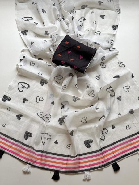 Iconic White Soft Linen Saree with Heart Print and Fancy Latkan for Festive Wear Printed Cotton Sarees Wholesale