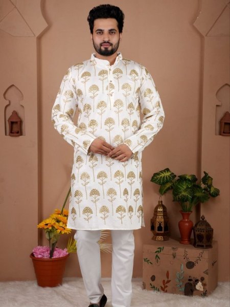 Iconic White Stylish Silk Kurta Pajama Set for Festive Collection at Manufacturer Price 