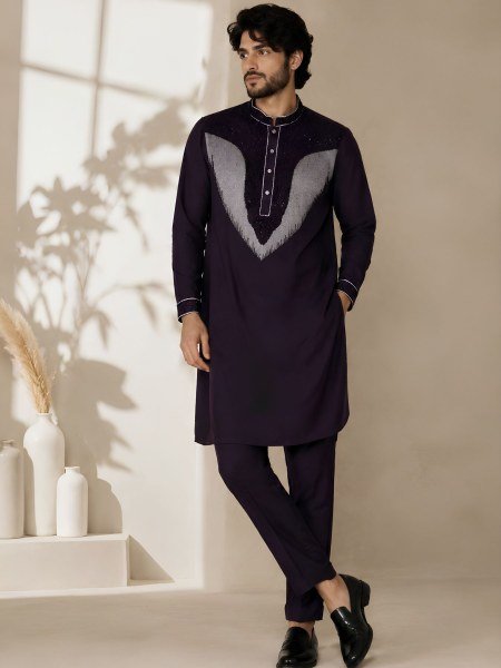 Iconic Wine Lachka Kurta Pajama Set with Beads Work For Wedding  Mens Wear