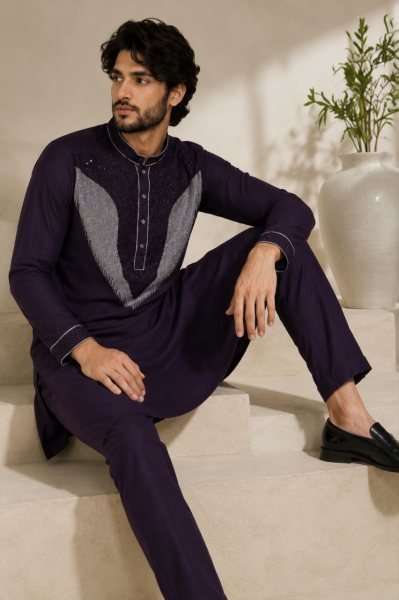 Iconic Wine Lachka Kurta Pajama Set with Beads Work For Wedding  Mens Short Kurta
