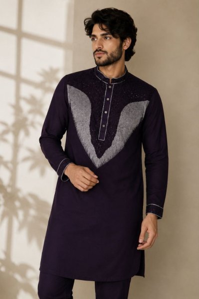 Iconic Wine Lachka Kurta Pajama Set with Beads Work For Wedding  Mens Short Kurta