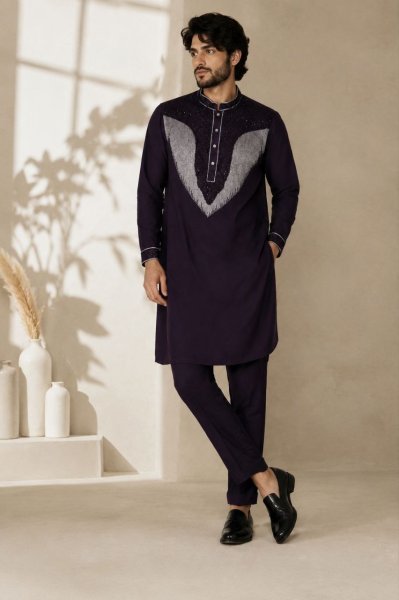 Iconic Wine Lachka Kurta Pajama Set with Beads Work For Wedding  Mens Short Kurta