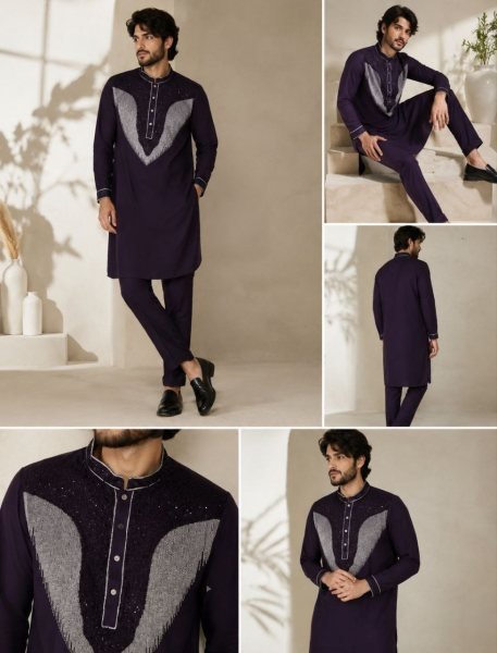 Iconic Wine Lachka Kurta Pajama Set with Beads Work For Wedding  Mens Short Kurta