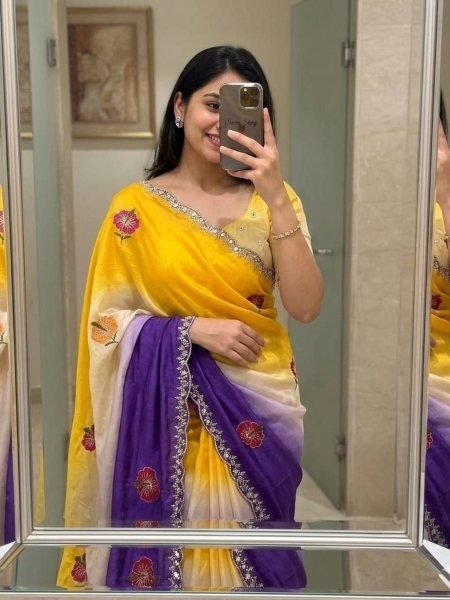 Iconic Yellow and Purple Ombre Satin Saree with Real Mirror Work Sarees 