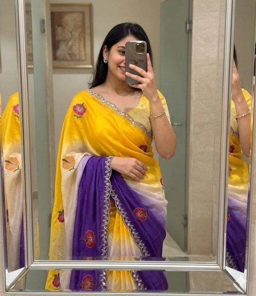 Iconic Yellow and Purple Ombre Satin Saree with Real Mirror Work Silk Sarees Wholesale