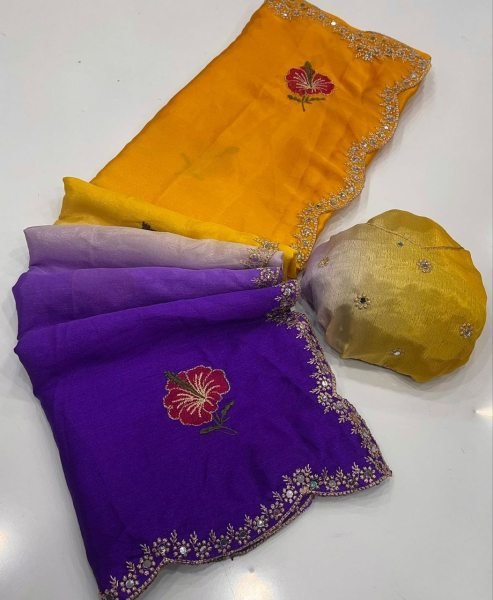 Iconic Yellow and Purple Ombre Satin Saree with Real Mirror Work Silk Sarees Wholesale
