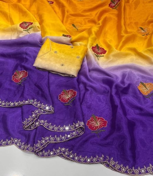 Iconic Yellow and Purple Ombre Satin Saree with Real Mirror Work Silk Sarees Wholesale