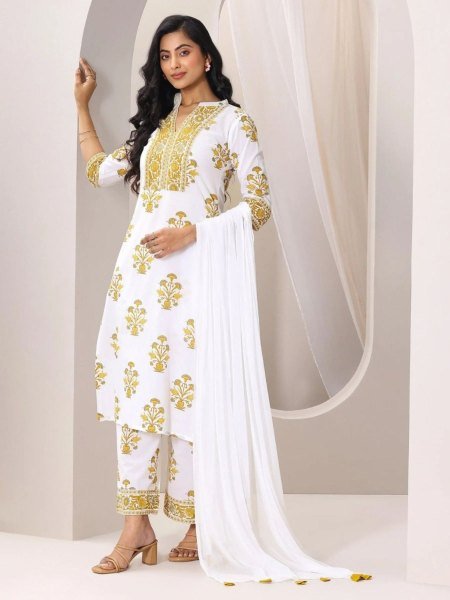 Iconic Yellow Cotton Blend Printed Kurti Set with Dupatta for Daily Wear Kurtis