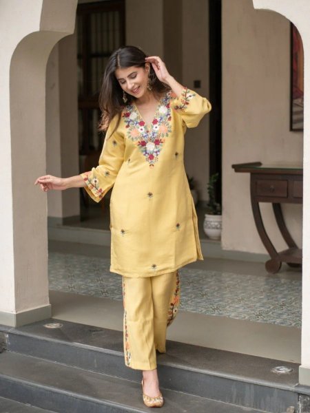 Iconic Yellow French Crepe Kurta Set with Embroidery for Casual and Office Wear Kurtis
