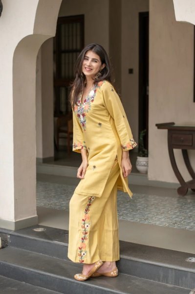 Iconic Yellow French Crepe Kurta Set with Embroidery for Casual and Office Wear CO ORD Sets