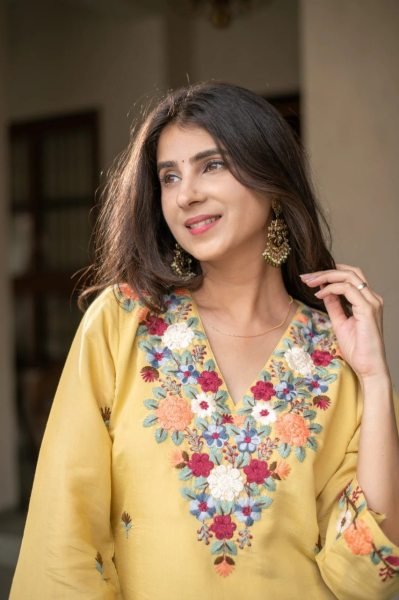 Iconic Yellow French Crepe Kurta Set with Embroidery for Casual and Office Wear CO ORD Sets