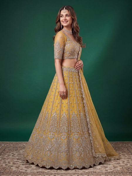 Iconic Yellow Soft Net Bridal Lehenga with Elbow Sleeve Embroidered Blouse Bridal Lehenga Choli