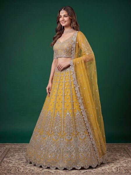 Iconic Yellow Soft Net Bridal Lehenga with Elbow Sleeve Embroidered Blouse Bridal Lehenga Choli
