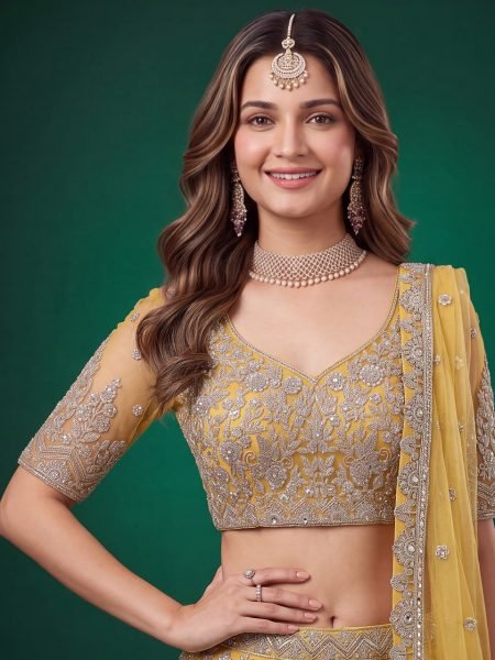 Iconic Yellow Soft Net Bridal Lehenga with Elbow Sleeve Embroidered Blouse Bridal Lehenga Choli