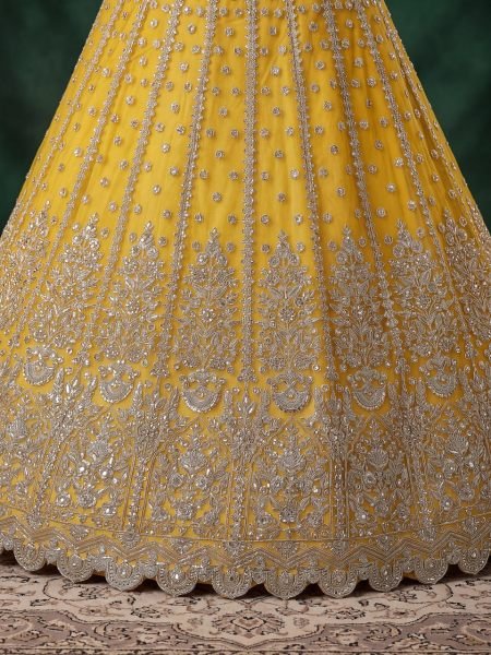 Iconic Yellow Soft Net Bridal Lehenga with Elbow Sleeve Embroidered Blouse Bridal Lehenga Choli