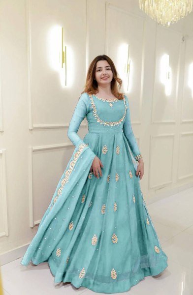Impeccable Sky Blue Georgette Sequence Embroidery Long Gown with Matching Dupatta for Wholesale Buyers Anarkali Kurtis 