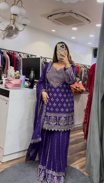 imperial Purple Chinnon Silk Sharara Suit with Sequin Embroidery Ready to Wear for Bulk Buyers Ready To Wear Collection