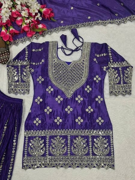imperial Purple Chinnon Silk Sharara Suit with Sequin Embroidery Ready to Wear for Bulk Buyers Ready To Wear Collection
