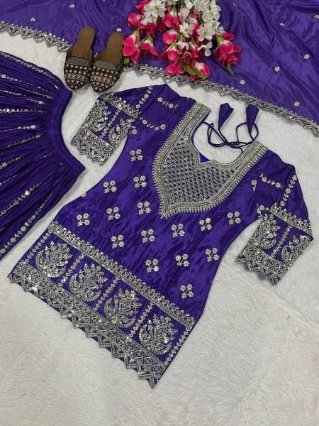 imperial Purple Chinnon Silk Sharara Suit with Sequin Embroidery Ready to Wear for Bulk Buyers Ready To Wear Collection
